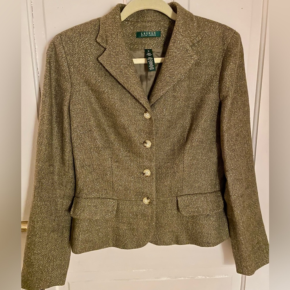 Ralph Lauren Linen Olive/Gold Long Sleeve Button Up Crop Blazer